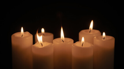 Softly glowing candles illuminate dark space, creating serene and peaceful atmosphere. flickering flames add warmth and tranquility