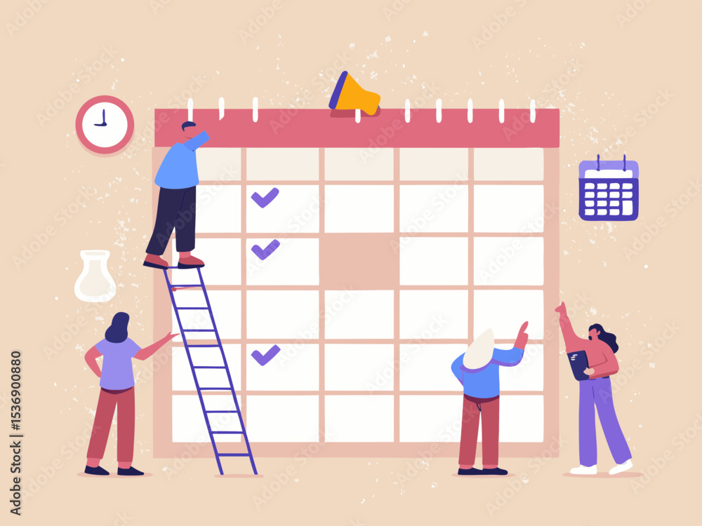 Poster teamwork and planning people working together on a large calendar to schedule events and tasks for e