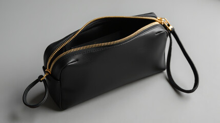 Sleek black leather pouch with gold zipper, perfect for storing essentials. Its minimalist design adds elegance to any outfit