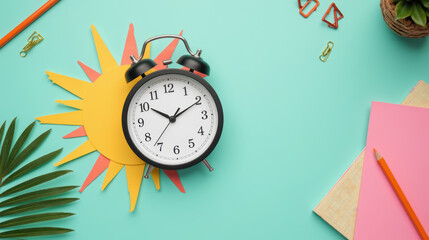Stylish black alarm clock sits vibrant turquoise background, surrounded by colorful paper cutouts, stationery, and green plant, evoking cheerful