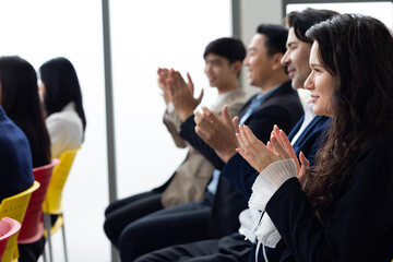audience clapping hands : group of diverse audience people company employees clapping hands for...