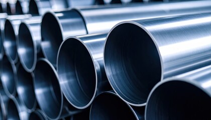 Close up view of neatly stacked metallic pipes in a warehouse showcasing industrial precision and manufacturing