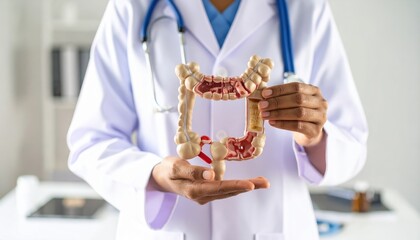 Doctor's Hands Hold Anatomical Large Intestine Model for Medical Explanation