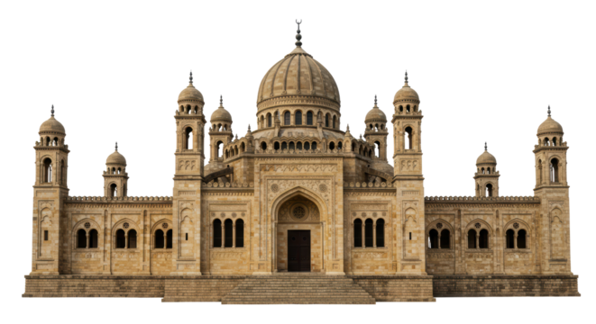 Isolated Ornate Mosque Facade with Intricate Architecture and Minaret Details