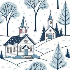 Naklejka premium Repeating Rural Church and Pine Trees Pattern