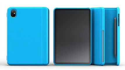 Vibrant Blue Tablet with Protective Case and Stylus Pen Modern Technology Gadget