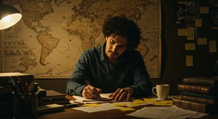 Night Writer: A Man engrossed in his writing amidst a world map and books.
