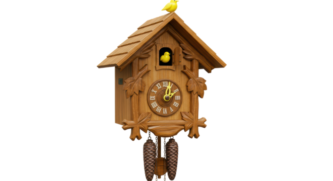 Isolated Detailed Wooden Cuckoo Clock with Bird