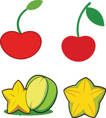 Fresh bundle of cherry, carambola, and starfruit fruits, vibrant tropical mix, juicy and colorful star fruit, healthy exotic fruit collection perfect for backgrounds, food, nature, and summer themes.