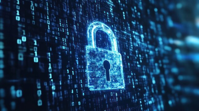 Digital lock on binary code background