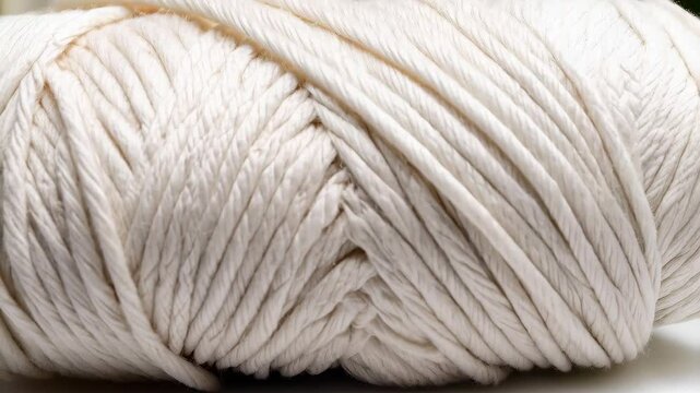 Close-up of a ball of thick, twisted, off-white cotton cord, suitable for macrame and fiber arts projects and craft supplies