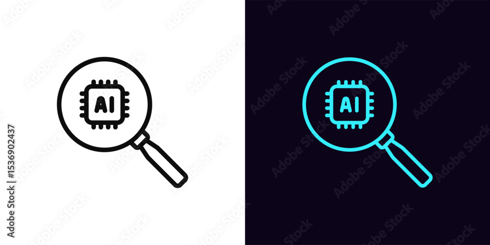 Poster outline ai search icon, with editable stroke. magnifier icon with ai chip, data search engine. smart