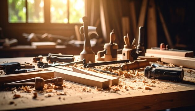 Carpenter's Workshop Sunlit Woodworking Tools and Wood on a Table
