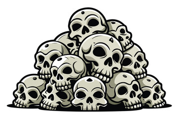 A graphic illustration of many cartoon skulls piled high against a plain white background.