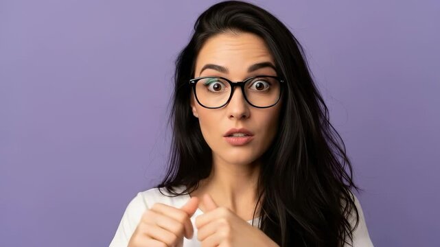 Surprised brunette woman in glasses gestures emphatically with pointing fingers against a vibrant purple backdrop.
