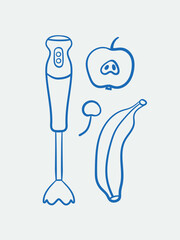 Hand-drawn kitchen blender with fruits. Line art, ink, minimalist style. Vector illustration. Sport collection.