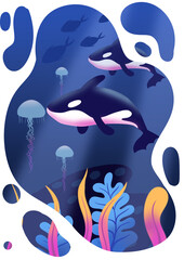 Underwater world, orcas swimming cartoon illustration