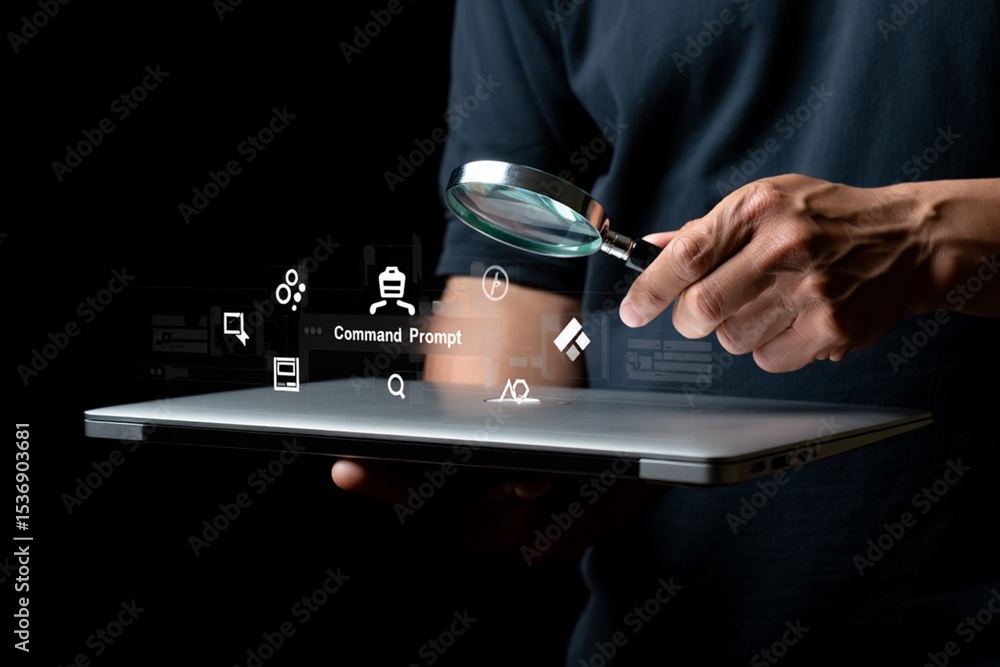 Aufkleber person inspecting command prompt interface on laptop with magnifying glass