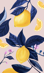 Ripe lemon blossoms on a branch with flowers, hand-painted