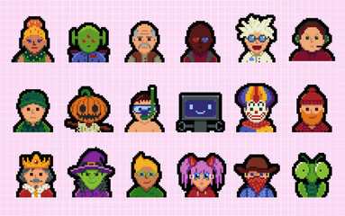 People character set, man, woman pixel art flat style, girl, guy, avatar, social net portrait, profile picture. Design of 80s. Game assets. 8-bit. Isolated vector illustration background.