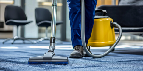 Professional janitor vacuuming carpet in a contemporary office space - concept of maintenance and janitorial service