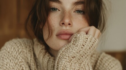Close-up of pensive young woman wearing a cream knit sweater, resting chin on hand, minimal modern interior with warm tones