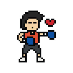 Fototapeta premium Cartoon cute pixel character man exercises training boxing pugilism punch lifestyle decoration life style 8 bit male boy boxing fisticuffs gym game 8bit fitness isolated PNG vector.
