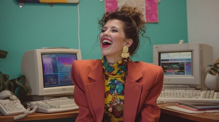 Colorful candid photo of a woman with 1980s crimped hair, wearing shoulder pads and a bold power suit, laughing in a retro office setup