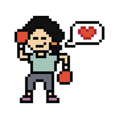 Fototapeta premium Cartoon cute pixel character woman exercises training boxing pugilism punch lifestyle decor life style 8 bit female lady boxing fisticuffs gym game 8bit fitness isolated PNG vector.