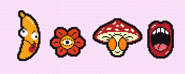 Pixels Y2k funny playful emoticon stickers. Love, kiss, melting smile. 8-bit retro style vector illustration for social media. Set of emoticons pixel art. Emoji pixelated icons. Various faces