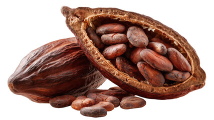 Freshly opened cacao pod showing raw cocoa beans, the source of chocolate, isolated PNG
