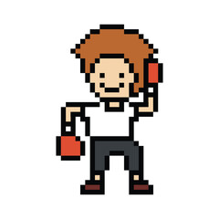 Fototapeta premium Cartoon cute pixel character man exercises training boxing pugilism punch lifestyle decoration life style 8 bit male boy boxing fisticuffs gym game 8bit fitness isolated PNG vector.