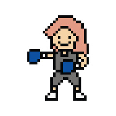 Fototapeta premium Cartoon cute pixel character woman exercises training boxing pugilism punch lifestyle decor life style 8 bit female lady boxing fisticuffs gym game 8bit fitness isolated PNG vector.