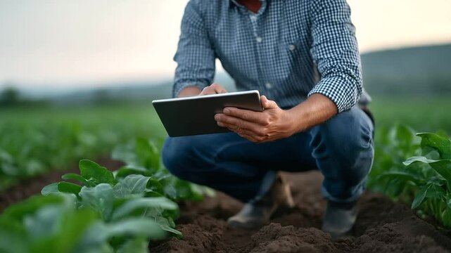 Man kneels in green field, comparing plant growth to data on tablet, hands slightly dirty from inspecting soil quality