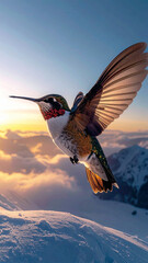Beautiful Hummingbird Hovering Mid-Air with Glowing Wings in Mountain Sunrise