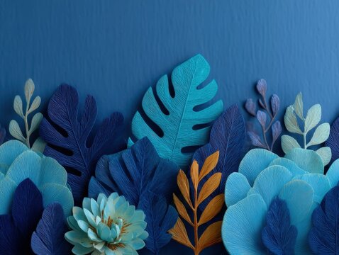 Blue Tropical Foliage Paper Cutout Background - Elegant Minimalistic Design for Nature-Themed Advertising, Eco-Friendly Branding, Web, Posters, Brochures, Banners, Social Media - Powered by Adobe