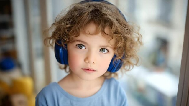 Child undergoing hearing screening with headphones and toy sounds