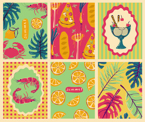 Set of colorful Italian posters summer: crab, pasta, pizza, marine motifs, decorative tiles. Perfect for travel, kitchen decor, packaging, and prints
