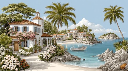 Coastal village with boats palm trees and villas high resolution image