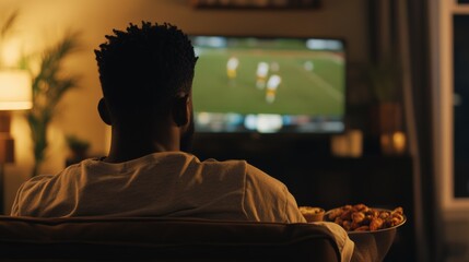 A man lounging on a recliner with snacks, watching sports on TV, cozy evening vibe,