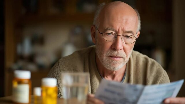 An elderly man reading a medicine leaflet at a kitchen table
