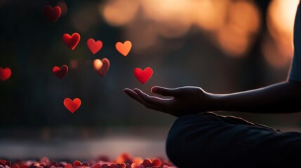 A person surrounded by floating hearts and peaceful symbols, meditating with positive energy,
