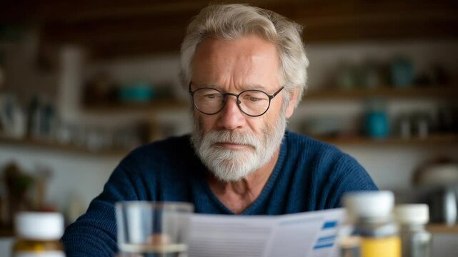 An old man reading a medicine leaflet at a kitchen table