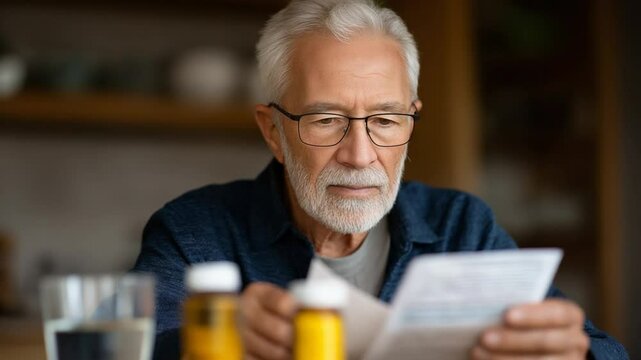 An old man reading a medicine leaflet at the kitchen table