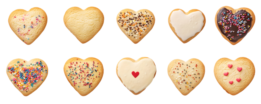 Assorted Heart Shaped Cookies with Sprinkles and Icing, PNG, Iso