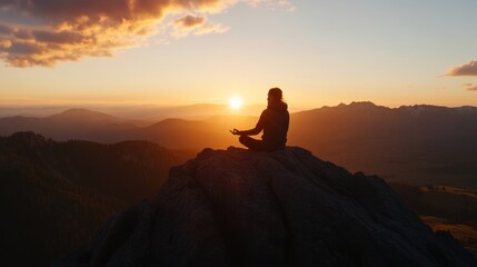 A young adult meditating on a mountain top with sunrise light, symbolizing positive mindset and peace,