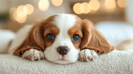 adorable puppy laying on soft blanket, cozy indoor setup