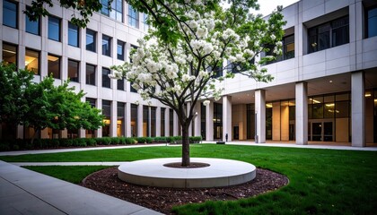 Obraz premium A serene courtyard featuring a flowering tree surrounded by modern architecture and greenery