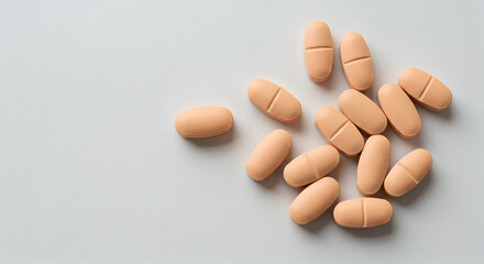 orange Light Brown Oval Tablets Scattered on White Background, Medical and Pharmaceutical Concept
