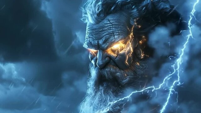 Zeus the ancient Greek god throws lightning